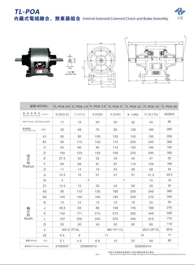 內(nèi)藏式電磁離合剎車器組TL-POA型的規(guī)格型號尺寸參數(shù)表