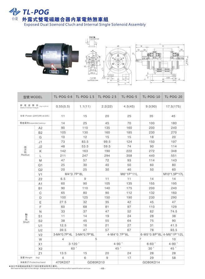 外露式雙電磁離合器單剎車(chē)組規(guī)格型號(hào)尺寸參數(shù)表