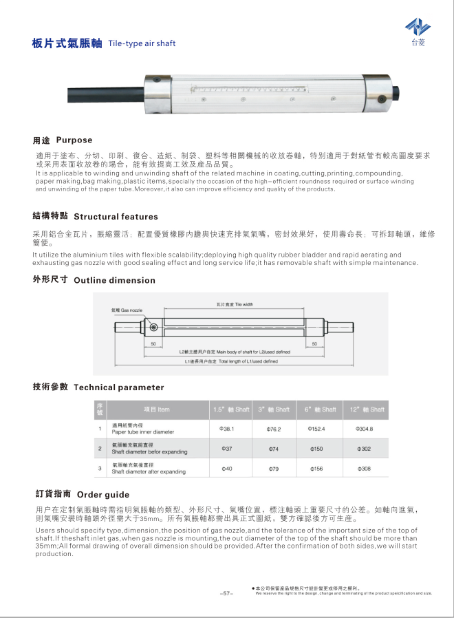 瓦片式氣脹軸（板條式氣漲軸）規(guī)格型號尺寸參數(shù)表