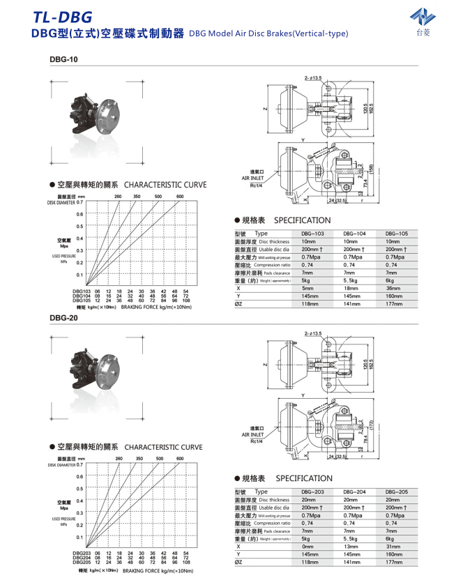 立式空壓碟式制動器DBG型規(guī)格型號尺寸參數表